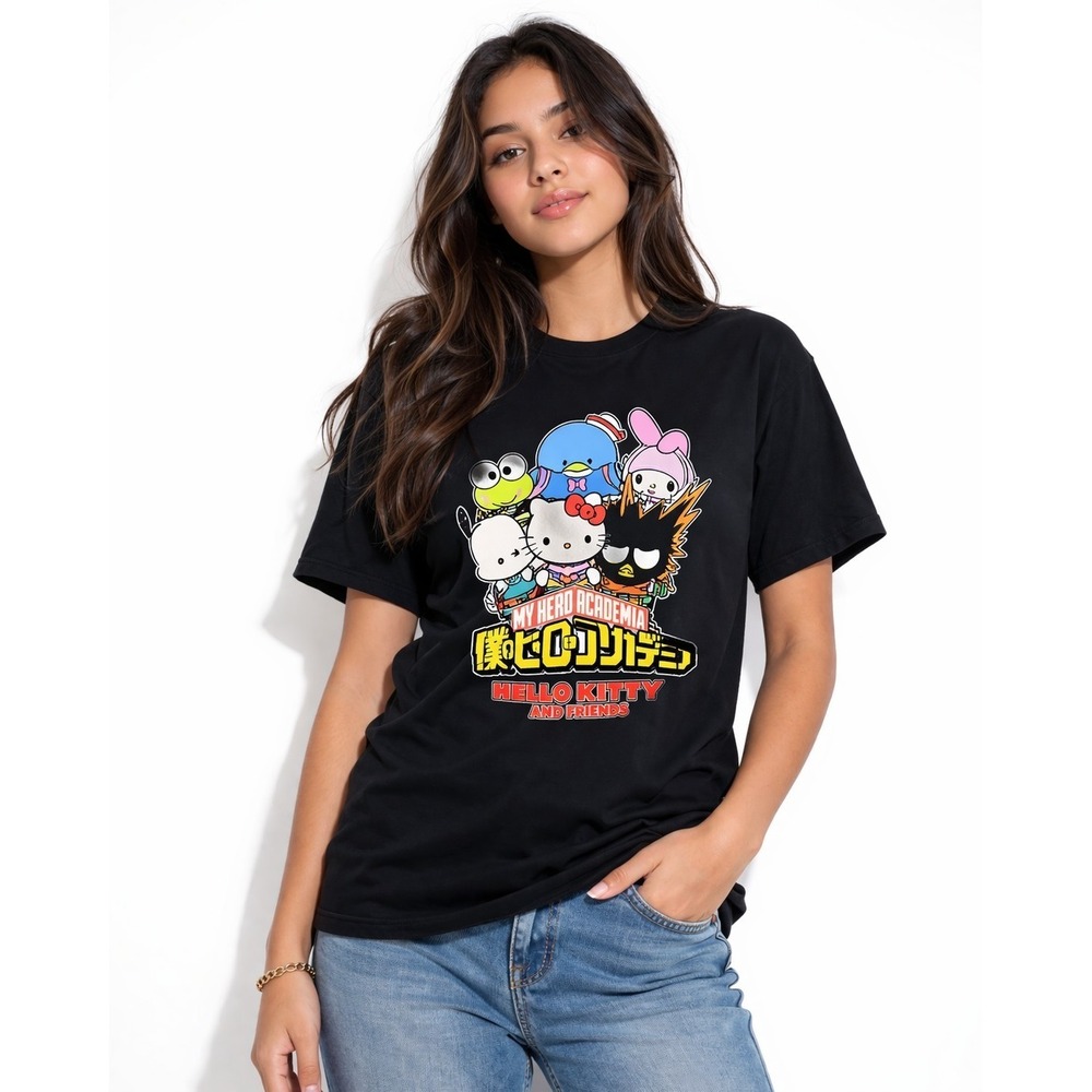 My Hero Academia Hello Kitty Friends Shirt Size‎ M Sanrio Black Anime T-Shirt